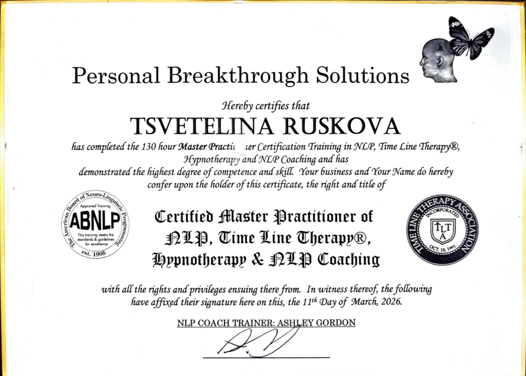 Tsvetelina Ruskova: Master NLP, Time Line Therapy and Hypnotherapy Practitioner